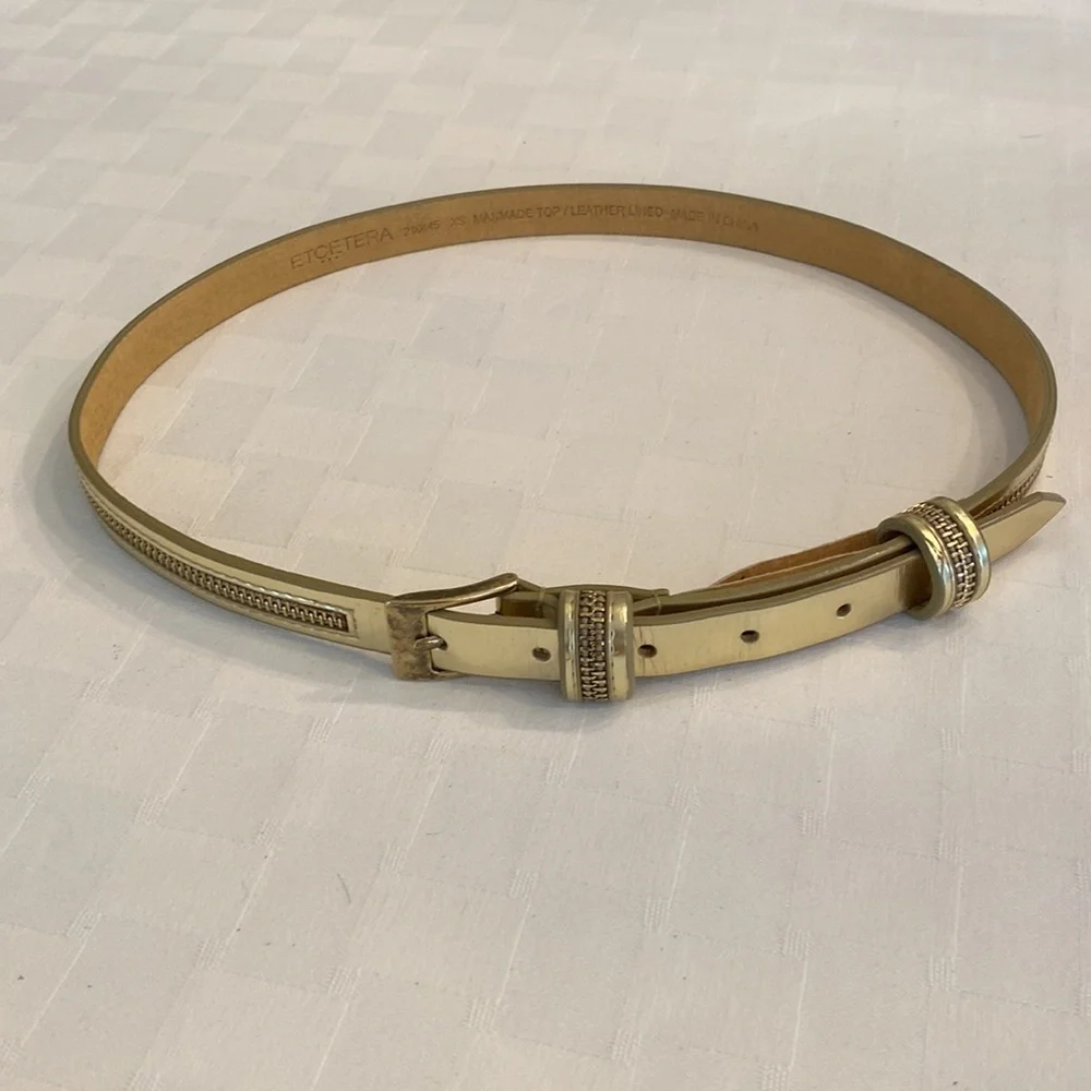 Etcetera Vintage Gold Metallic Leather Skinny Statement Belt Zipper Detail XS